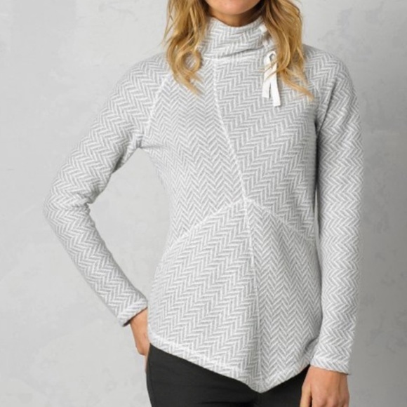 Prana Sweaters - PRANA Women’s Mattea Mock Neck Grey on Grey Herringbone Asymmetrical Sweater